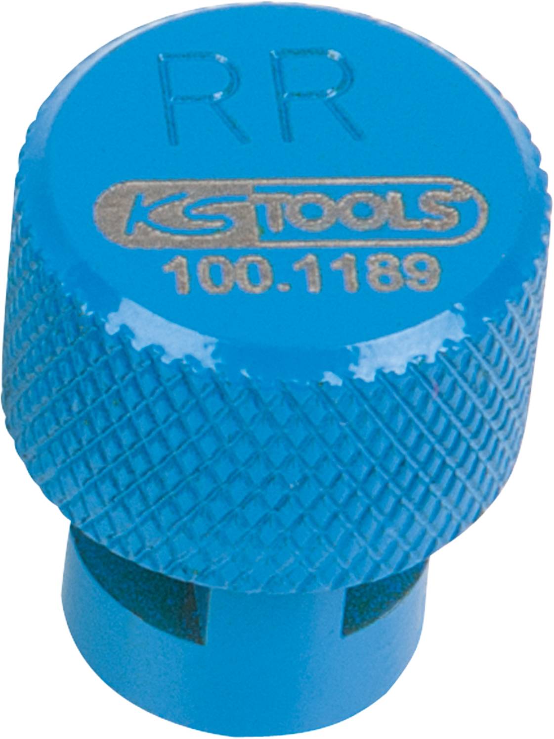 Blauer Ventilkappenaufsatz mit Aufschrift 'KS Tools 100.1189' und 'RR'. Verwendet für KFZ-Reifenventile.