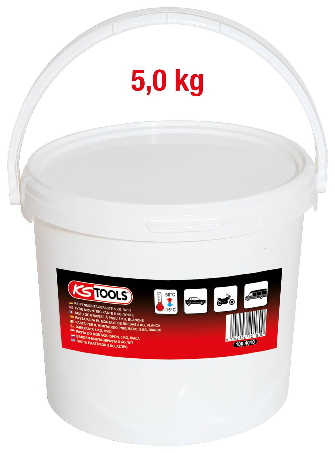 Ein weißer Plastikeimer mit 5,0 kg Gewicht, rotes KS-Tools-Logo. Enthält Symbole für Auto-, Motorrad- und LKW-Nutzung.