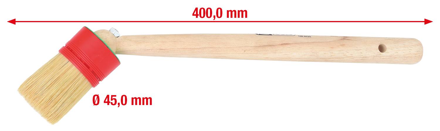 Holzpinsel mit roter Kunststofffassung und runden Borsten, 400 mm lang, 45 mm Durchmesser der Borsten.