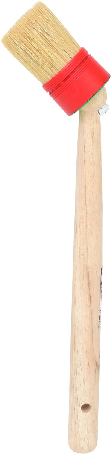 Pinsel mit Holzgriff und rotem Borstenhalter, Borsten abgerundet; Werkzeug zum Malen oder Streichen.