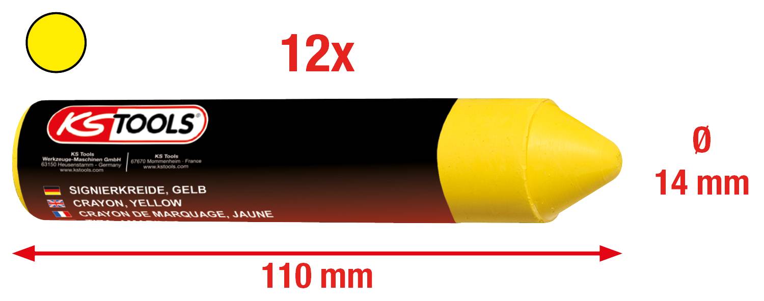 Gelbe Signierkreide von KS Tools, Länge 110 mm, Durchmesser 14 mm, im 12er-Pack.