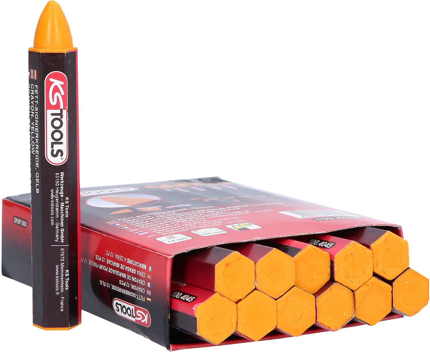 Packung mit Bleistiftminen von KS Tools, orangefarben, 12 Stück. Eine Mine steht aufrecht vor der offenen Verpackung.