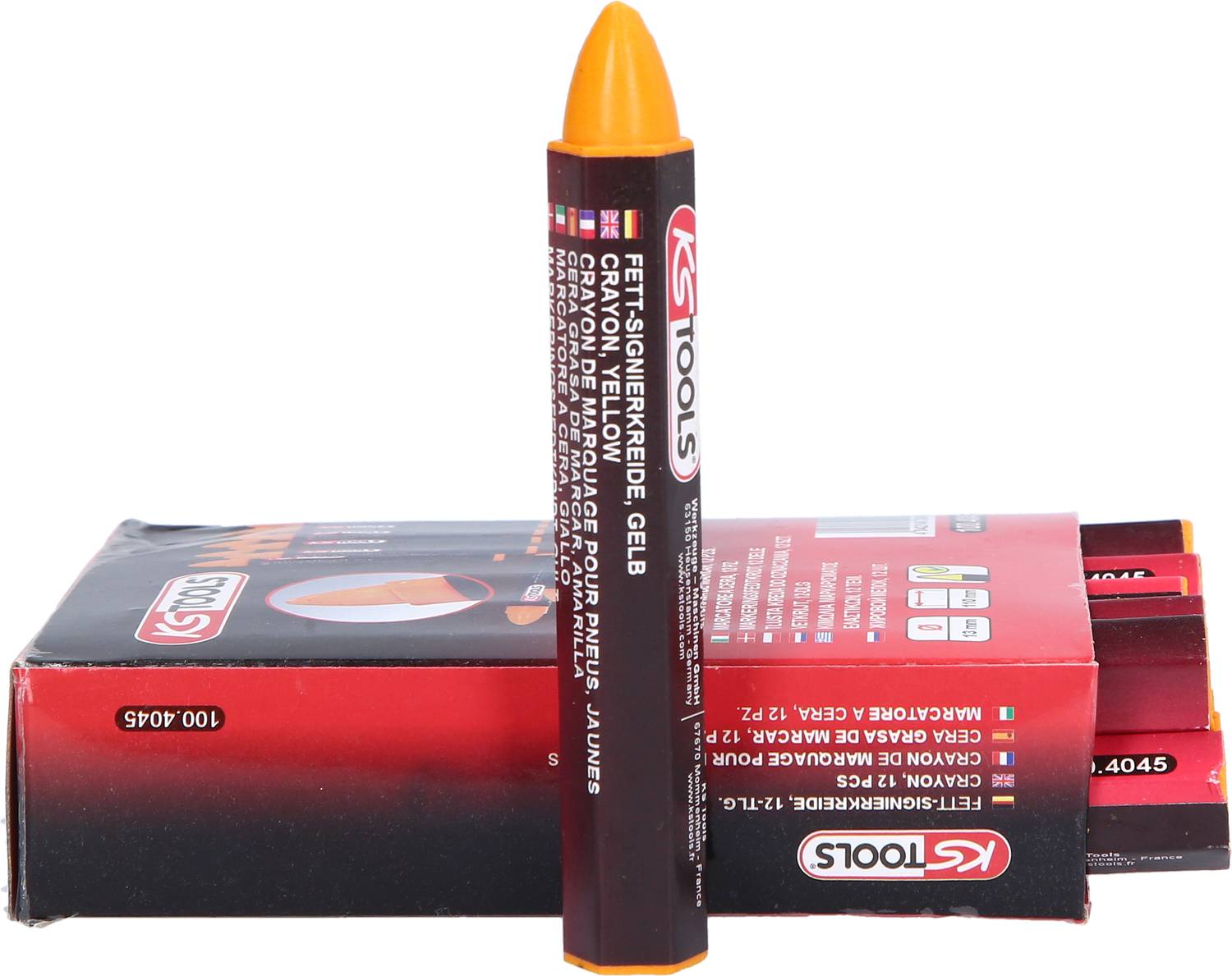 'Dickfettkreide, gelb' von KS Tools, abgebildet mit der Verpackung. Ideal für Markierungen auf rauen Oberflächen.