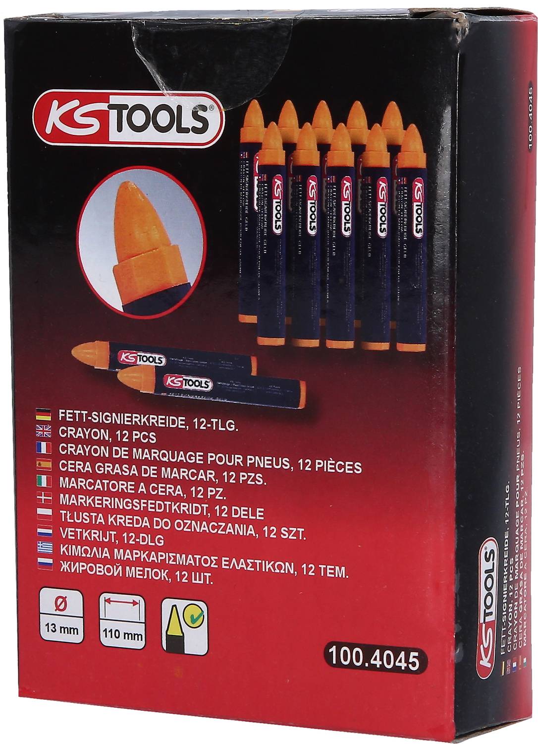 'KS Tools Fett-Signierkreide, 12-tlg.' Verpackung mit Abbildung von 12 gelben Kreiden gegen blauen Hintergrund.