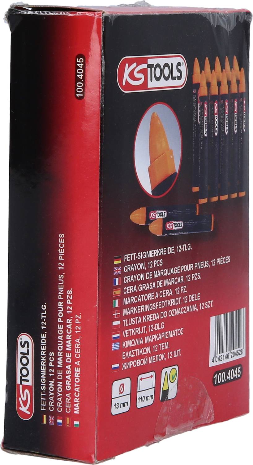 Verpackung von KS Tools Fett-Signierstiften, 12 Stück. Stifte für Markierungen auf verschiedenen Oberflächen im Baugewerbe.