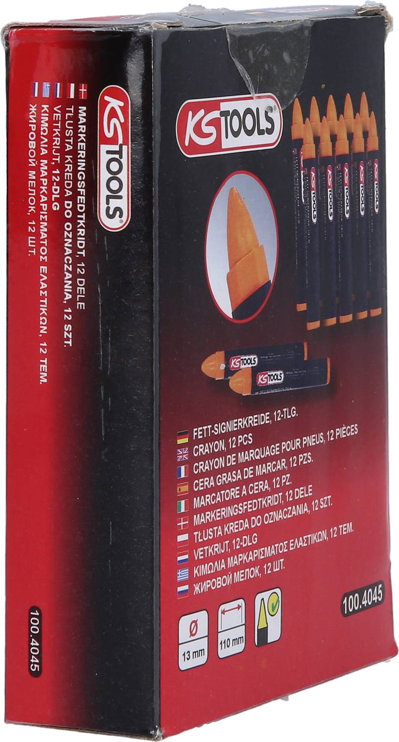 Eine Packung mit zwölf orangen Fettstiften der Marke KS Tools, in einer schwarz-roten Verpackung. Ideal zum Markieren von Oberflächen.