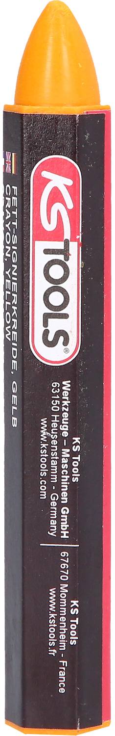 Ein gelber Kreide-Stift von 'KS Tools' mit schwarzem Etikett und Firmeninformationen, verwendet für Markierungen auf verschiedenen Oberflächen.