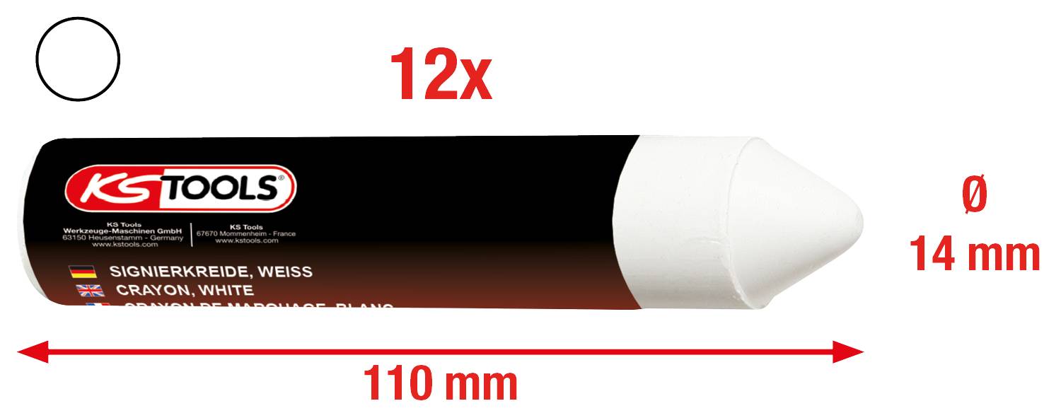 'KS TOOLS Signierkreide, weiß' mit 110 mm Länge und 14 mm Durchmesser. Verpackung enthält 12 Stück.