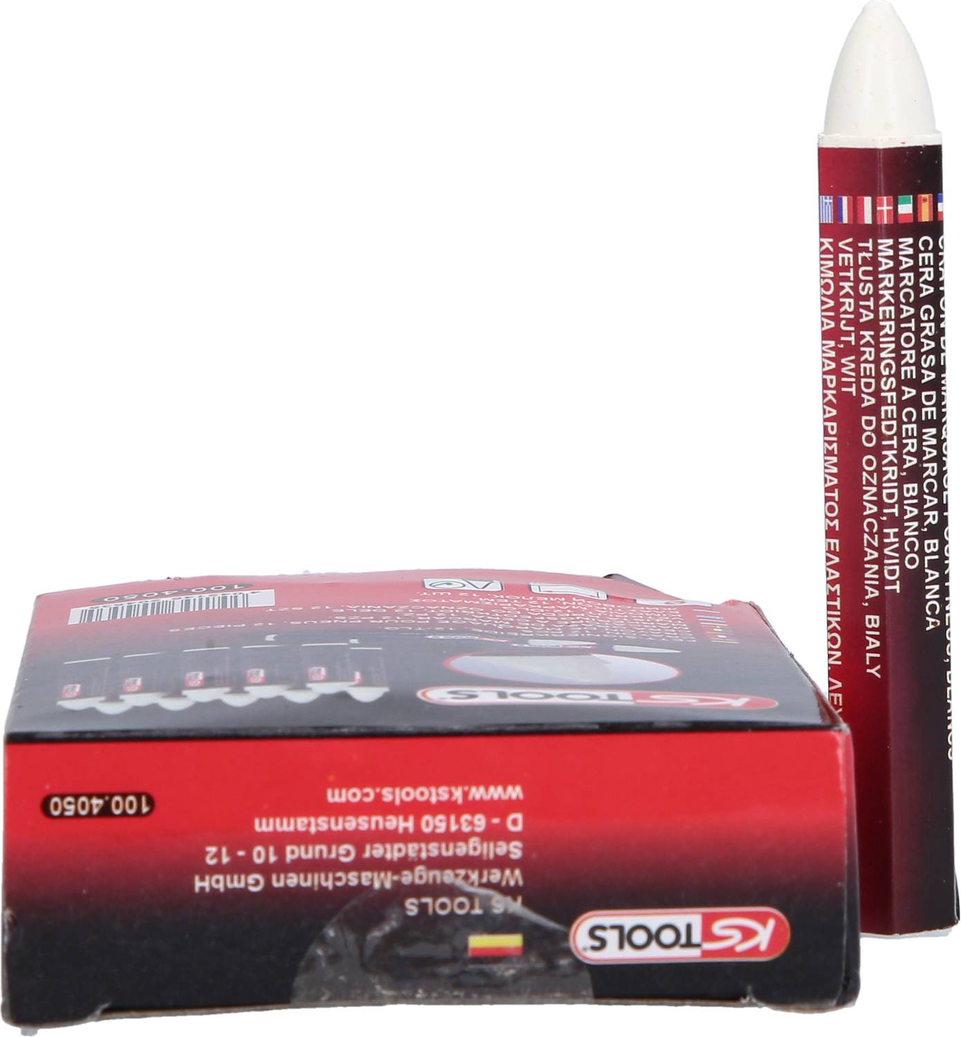 Roter Verpackung mit mehreren Schweißkreiden und eine einzelne weiße Schweißkreide. Produkt ist für Metallmarkierung gedacht.