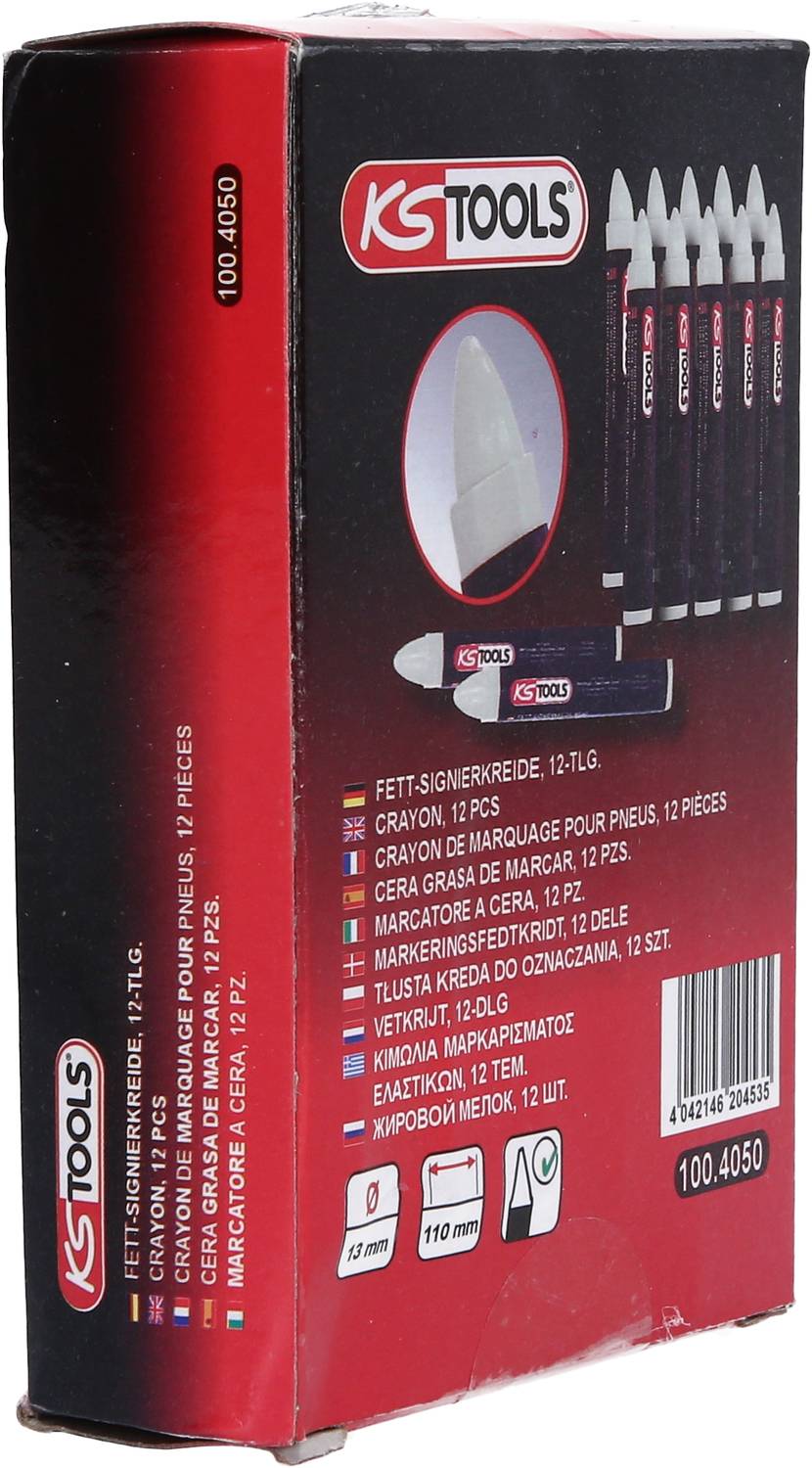 KS Tools Fett-Stift-Set, 12-teilig. Enthält Stifte in verschiedenen Farben zum Markieren auf Reifen. Verpackung mit Produktabbildung.