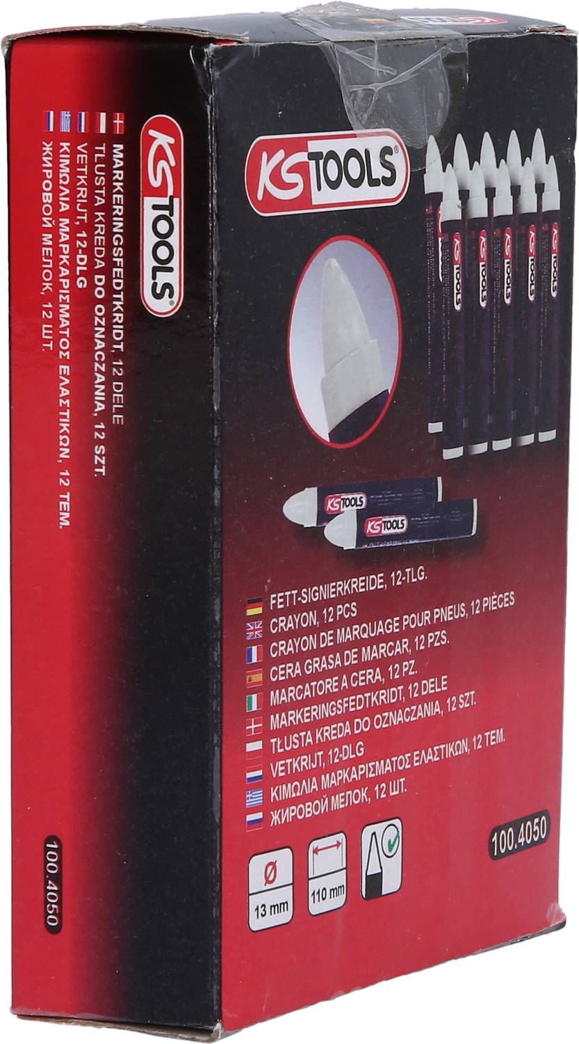 Eine Verpackung von KS Tools Fett-Signierstiften, 12-teilig. Die Vorderseite zeigt die Stifte und ihre Anwendungen.