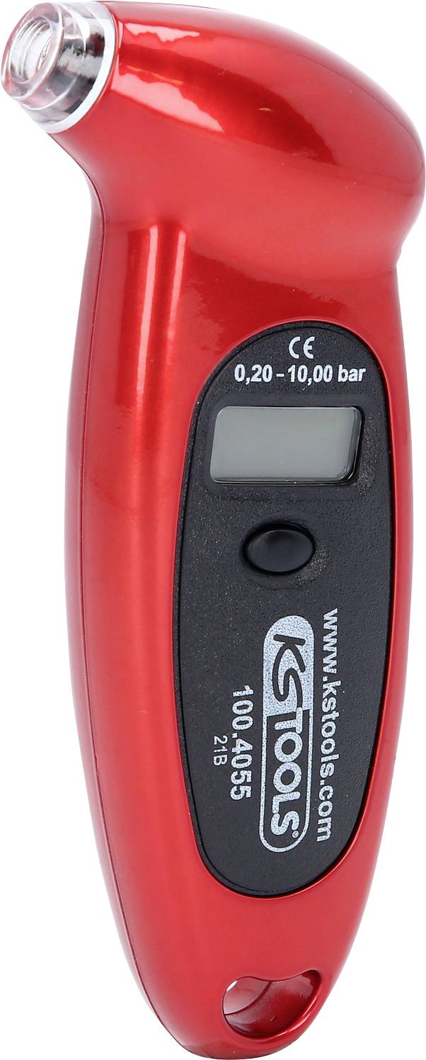 Rote KSTools digitale Reifendruckmessgerät mit LCD-Anzeige, ovalem Knopf und Metallventil auf weißem Hintergrund.