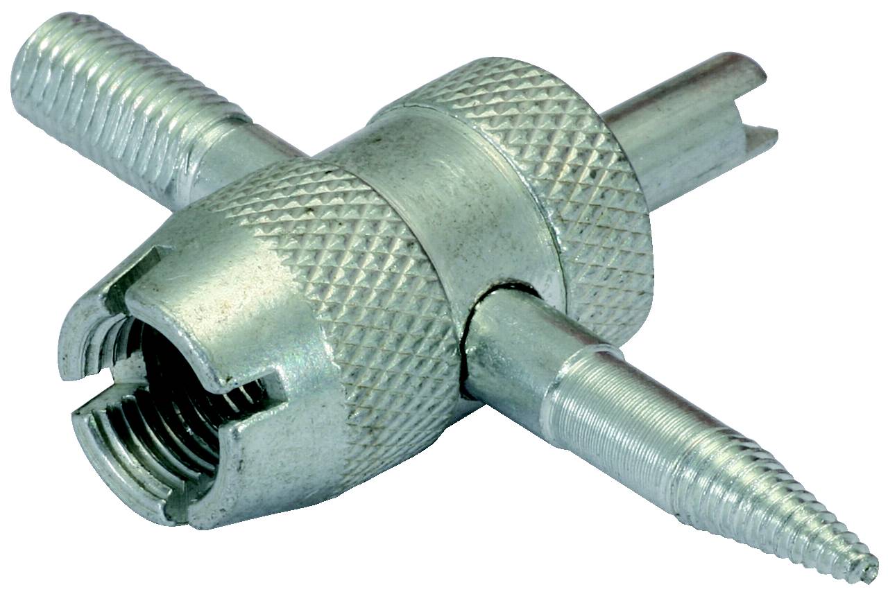 Ein silberfarbenes Ventileinsatz-Werkzeug aus Metall mit vier verschiedenen Enden, geeignet zum Auf- und Abschrauben von Ventilen.