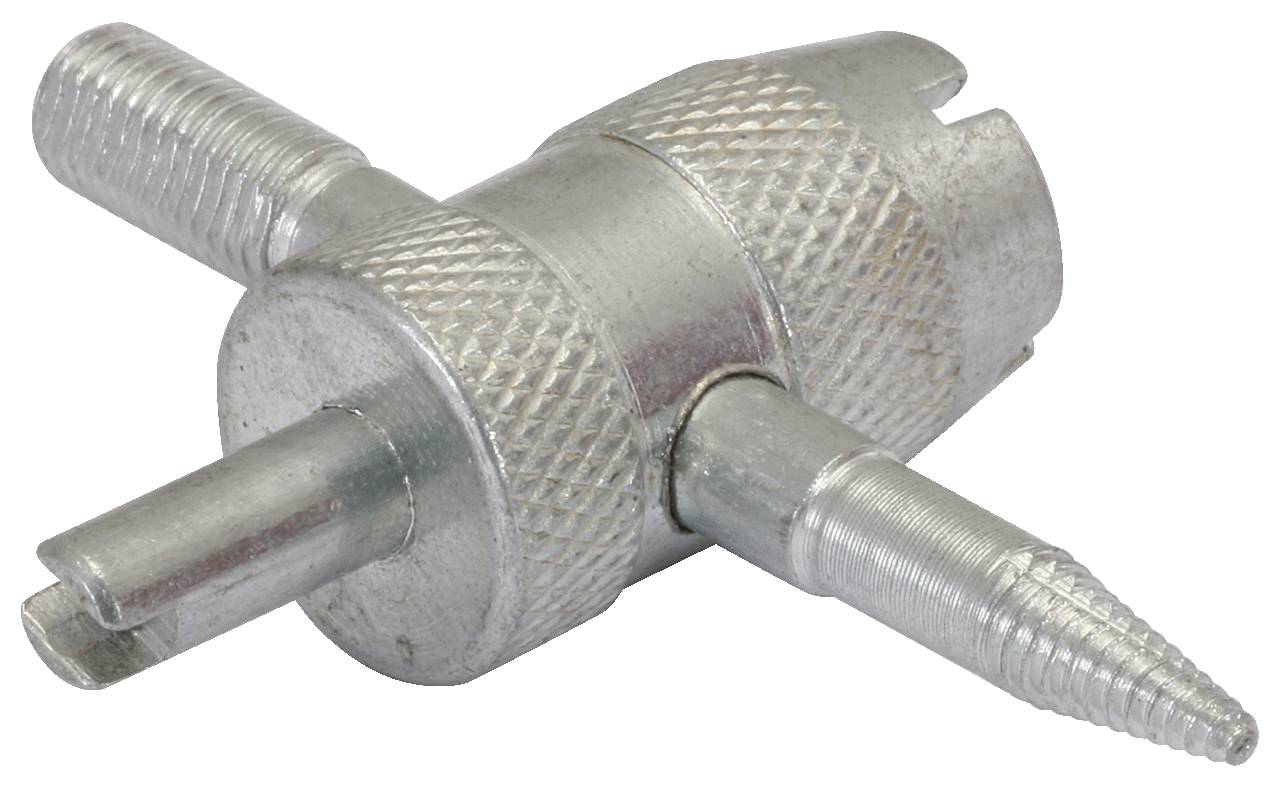 Ein silbernes Metallwerkzeug mit vier unterschiedlichen Aufsätzen an kurzen Stiften, verwendet für spezielle Montagezwecke.