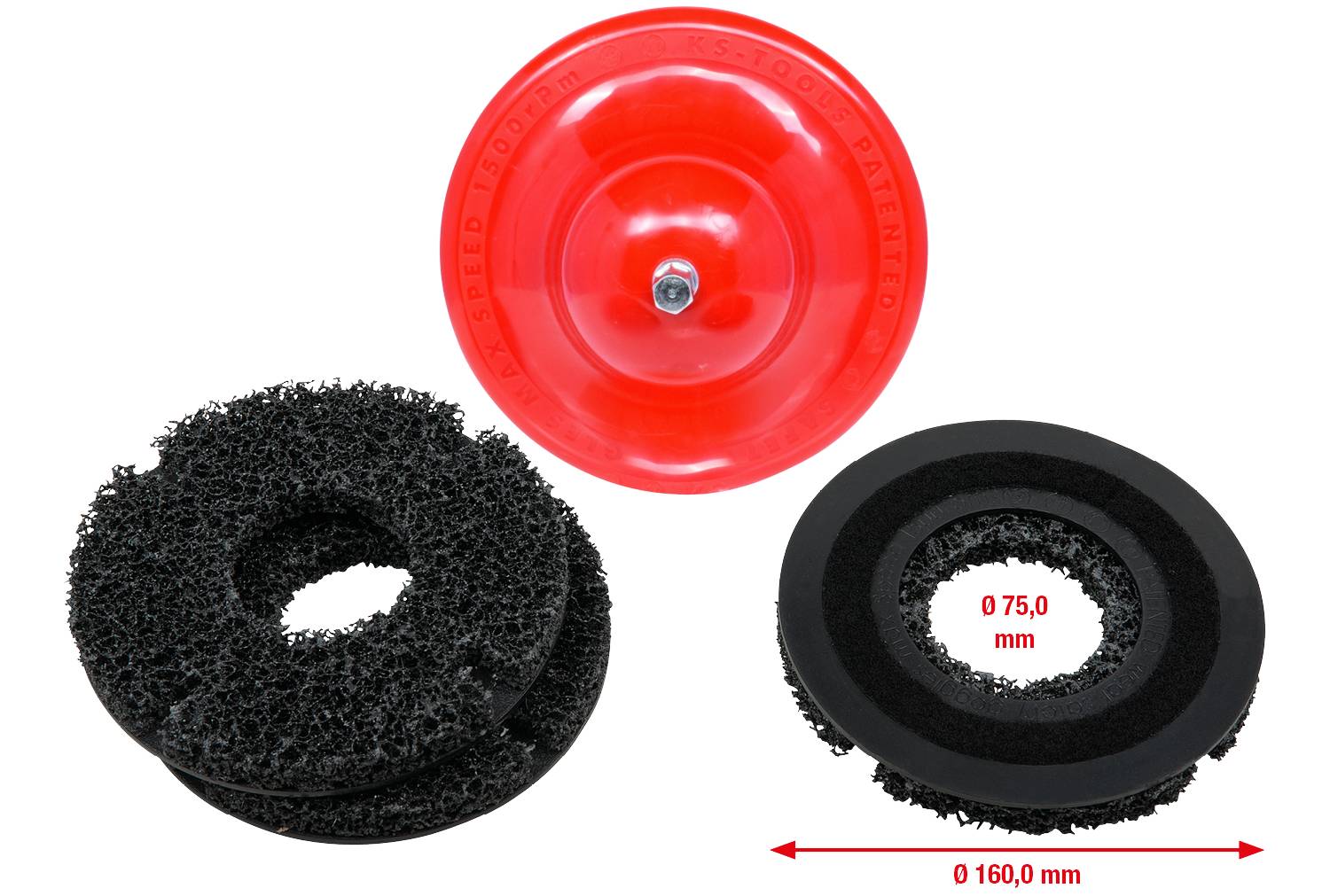 Schleifwerkzeug-Set mit rotem Träger und zwei schwarzen Schleifscheiben. Durchmesserangaben: 75 mm und 160 mm.