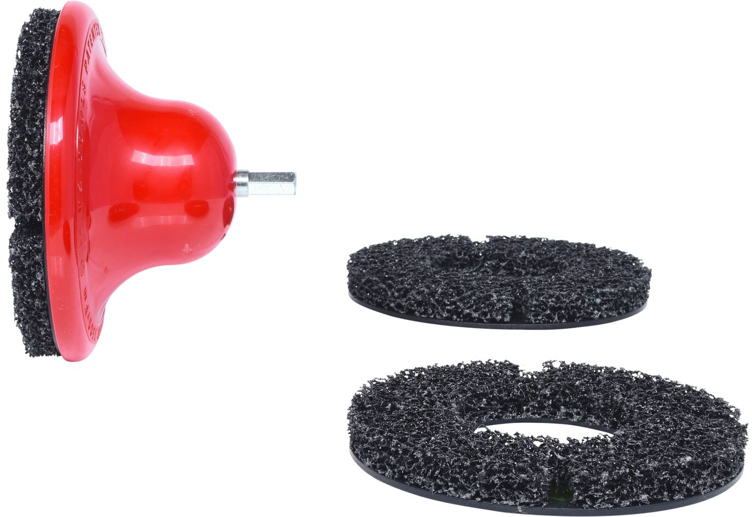 Roter Schleifteller mit zwei schwarzen Schleifpads, geeignet für die Reinigung und Politur von Oberflächen.