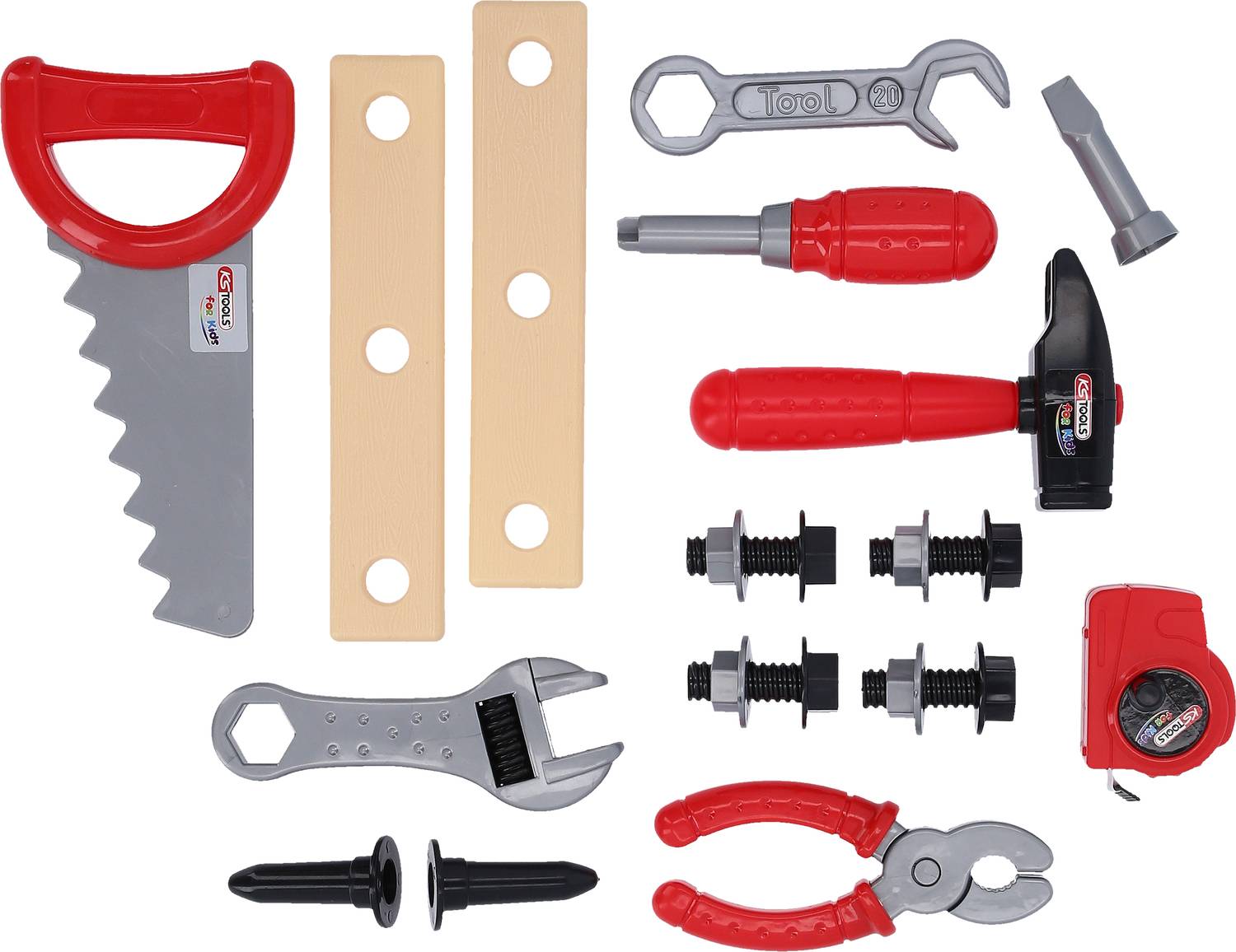 Kinderspielzeug-Werkzeugset mit Säge, Schraubenzieher, Schraubenschlüssel, Schrauben, Mutter, Zange und Maßband in Rot und Grau.