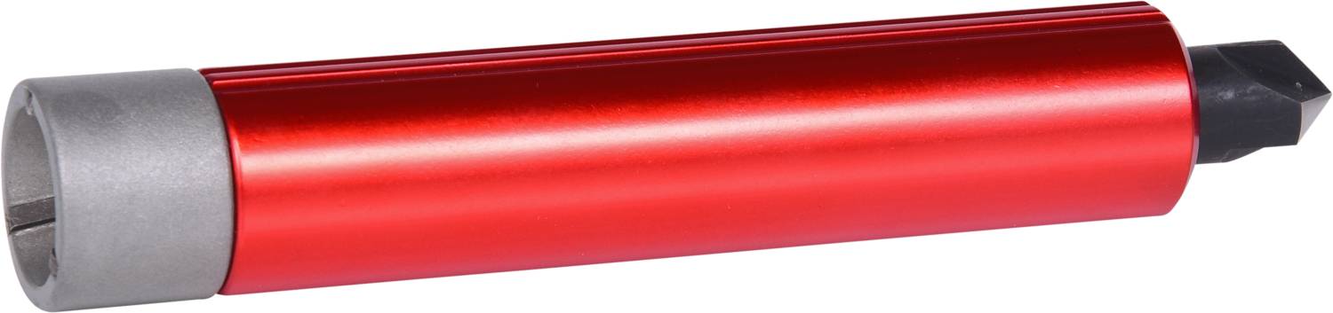 Rotierendes Werkzeug mit rotem Aluminiumgriff und schwarzer Klingenspitze. Geeignet zum Entgraten von Rohren oder Kanten.