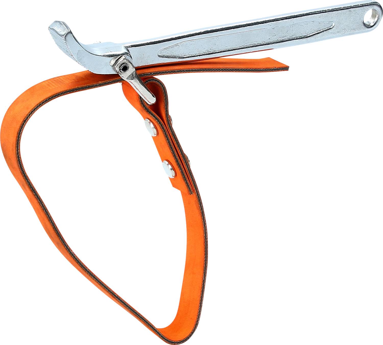 Ein silbernes Werkzeug mit einer orangen Schlaufe, wahrscheinlich ein Bremsschlüssel, das in Ski- oder Outdoor-Ausrüstung verwendet wird.