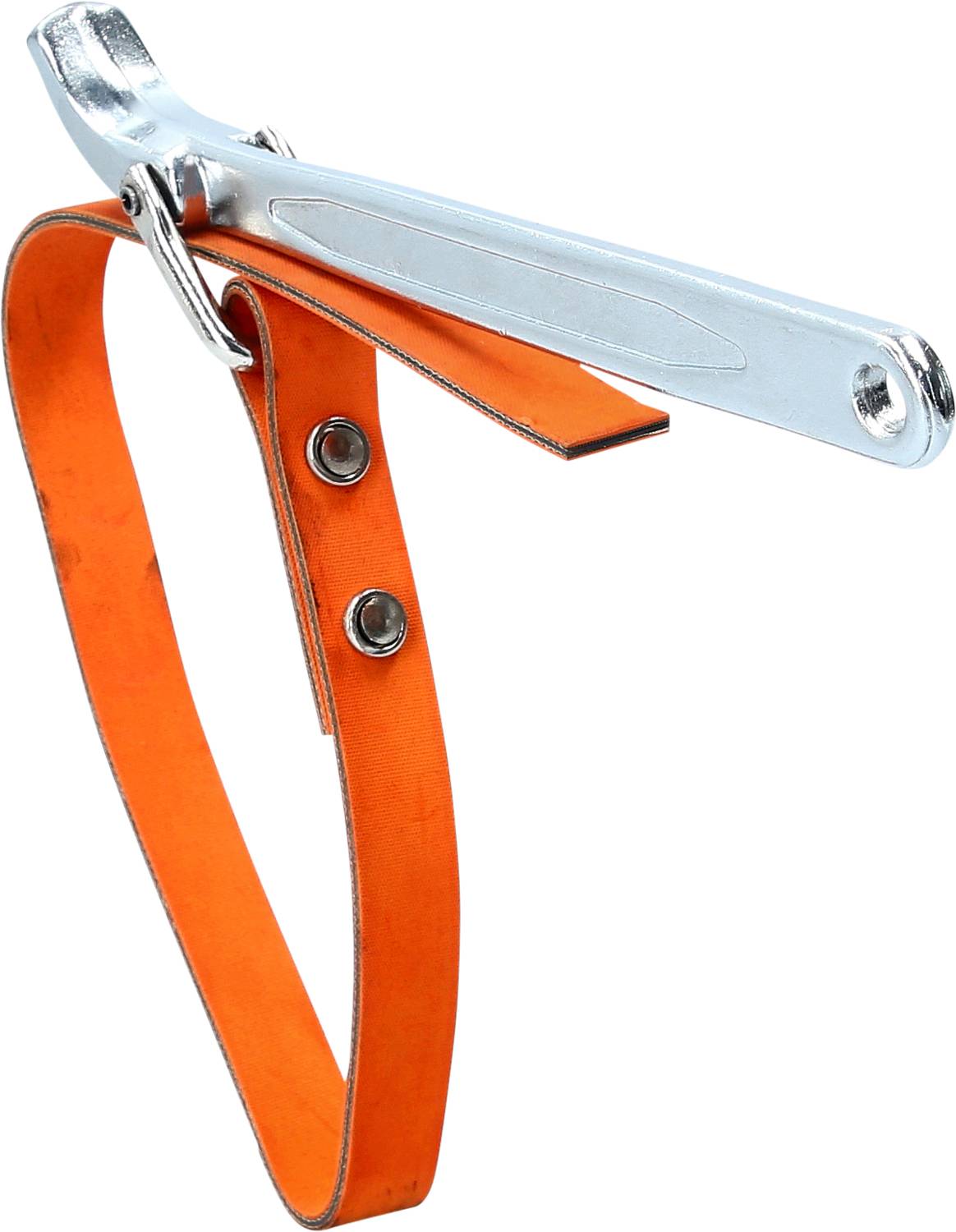 Metallener Ölfilterschlüssel mit orangefarbenem Lederriemen, geeignet zum Entfernen oder Festziehen von runden Filtern in Fahrzeugen.
