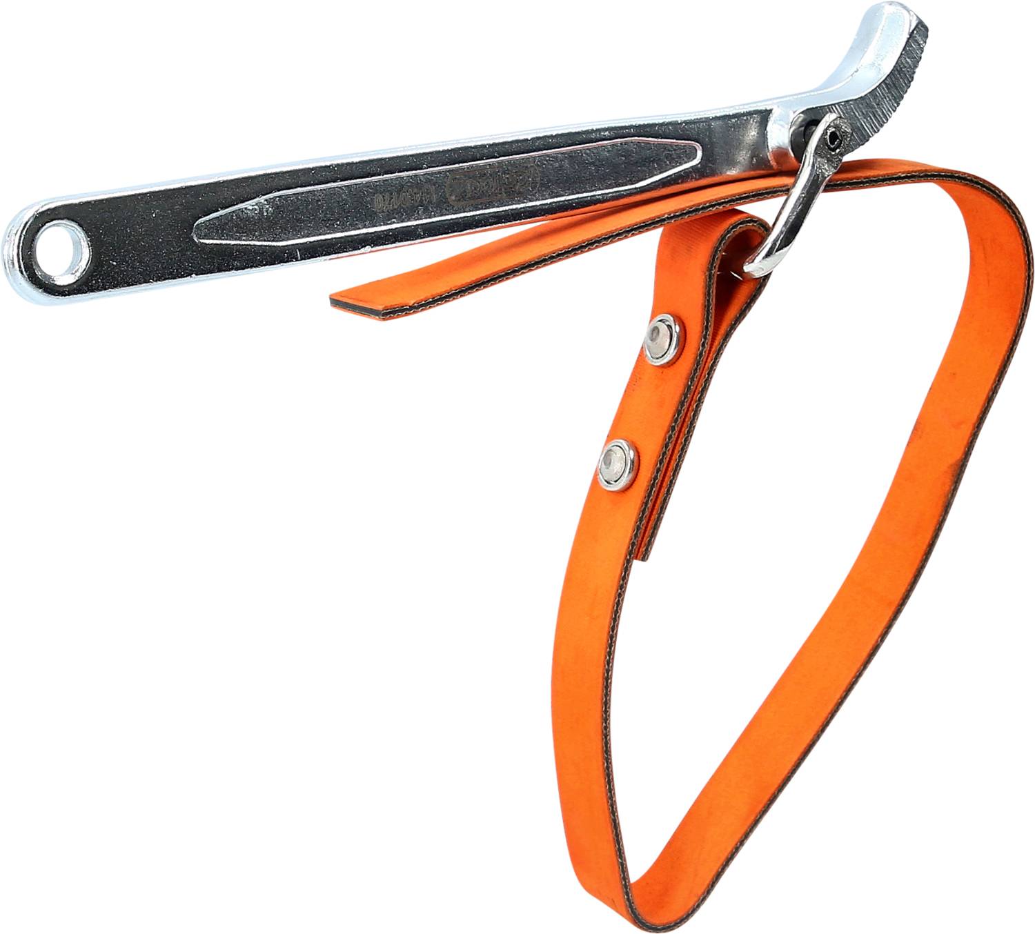 Ein silbernes Werkzeug mit einem daran befestigten orangefarbenen Lederriemen. Der Riemen bildet eine Schlaufe, die an einem Ende des Werkzeugs befestigt ist.