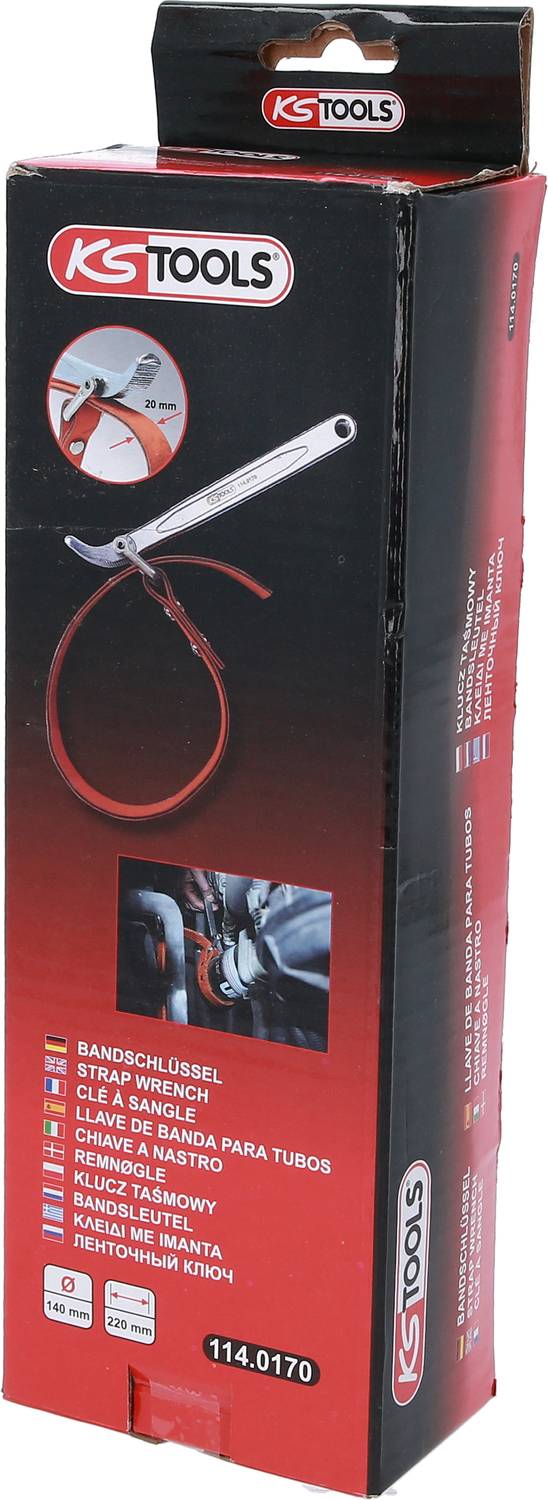 'KS Tools Bandschlüssel' Verpackung mit Bild des Werkzeugs. Geeignet zum Lösen von runden Objekten wie Ölfiltern oder Rohren.