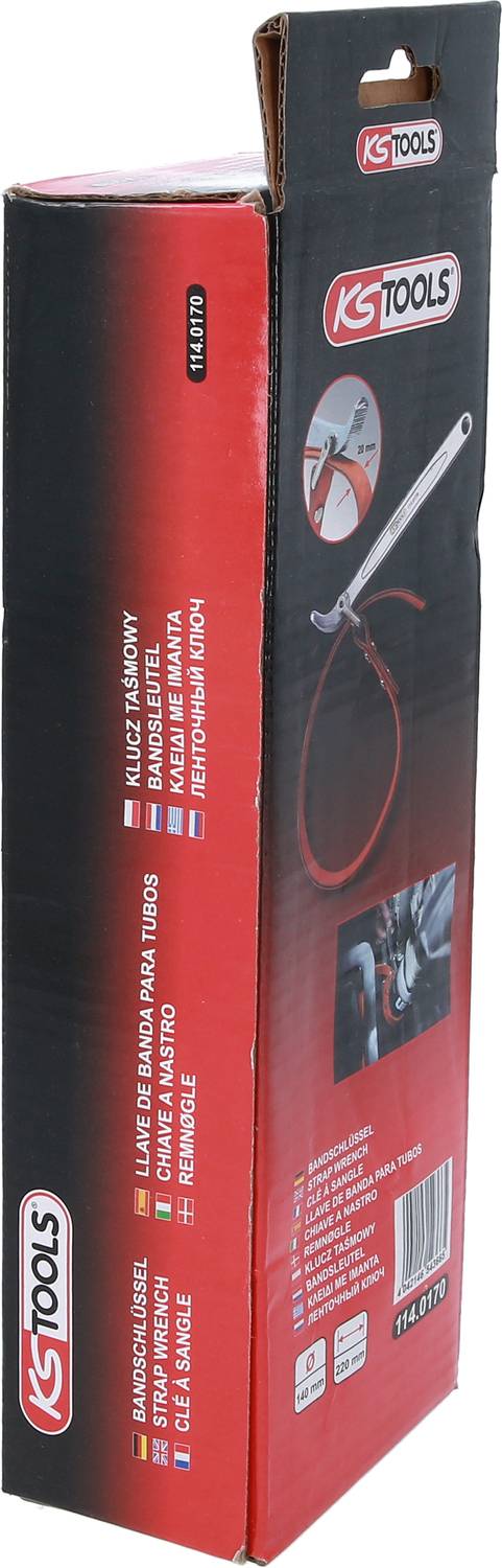 Schwarze und rote Verpackung mit KS Tools-Logo und Foto eines Werkzeugs. Enthält Details zu Produktnutzung und Kompatibilität.