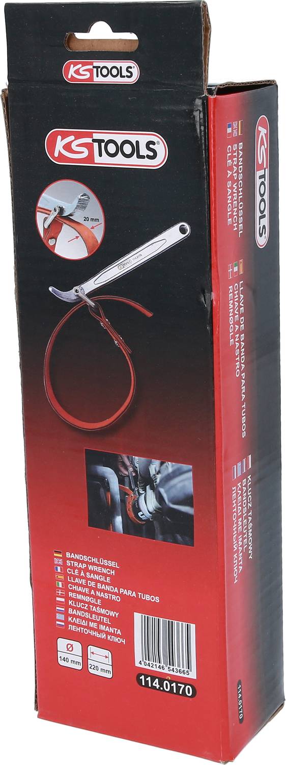 Verpackung eines Riemenspannwerkzeugs der Marke 'KS Tools'. Aufdruck zeigt das Werkzeug im Einsatz mit technischen Details.