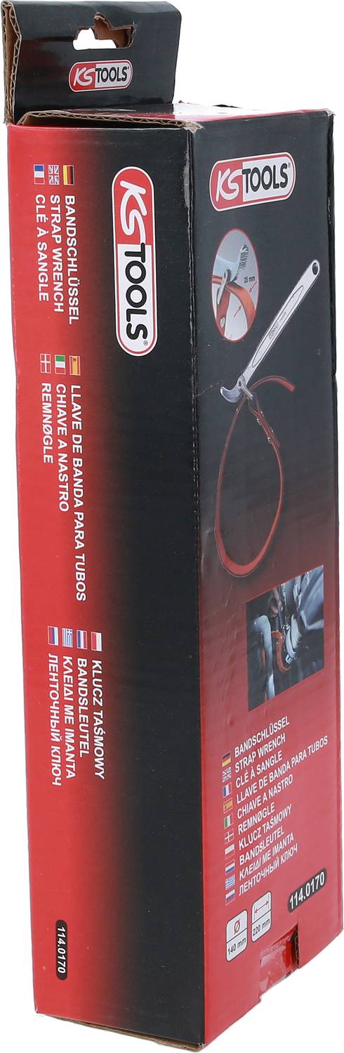 Werkzeugverpackung von 'KS Tools' mit Bild eines Riemenscheibenwerkzeugs; zeigt Anwendung und Hauptmerkmale in mehreren Sprachen.