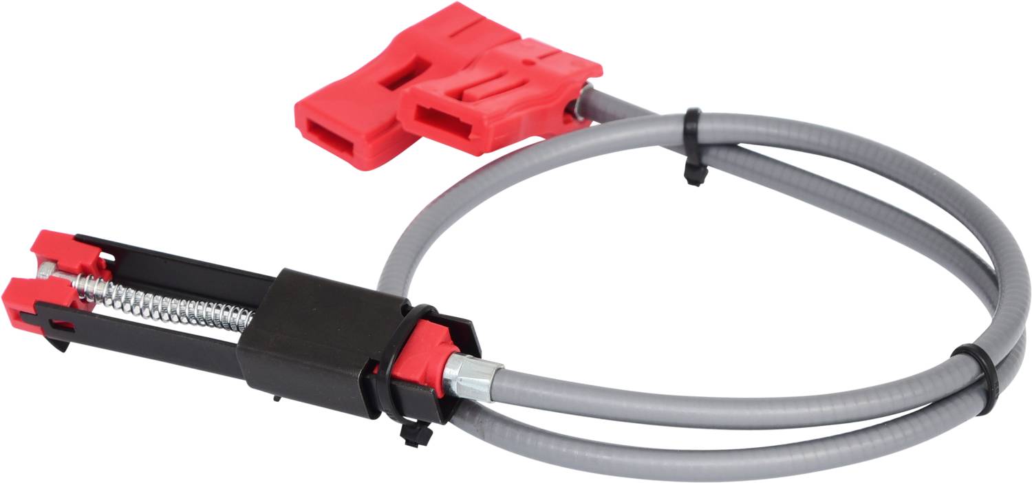 Ein graues Kabel mit zwei roten Anschlüssen und einem schwarzen Verbindungselement in der Mitte, möglicherweise für elektrische Verbindungen.