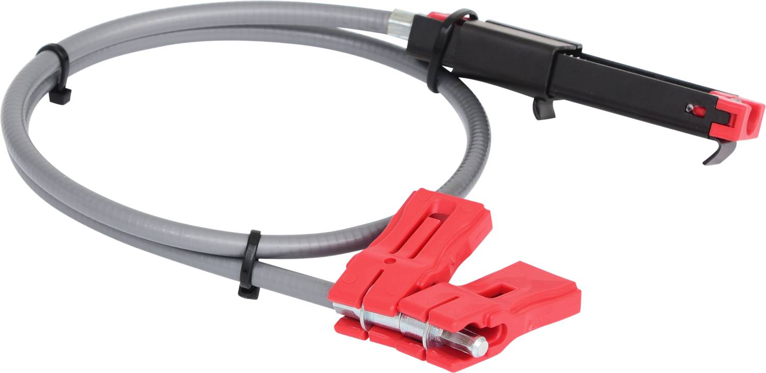 Ein graues Kabel mit roten Klammern an beiden Enden, häufig für die Sicherung oder Verbindung von Objekten verwendet.
