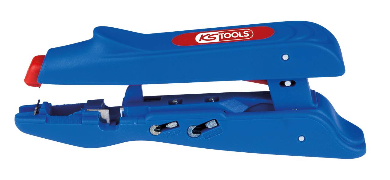 Blauer Kabelabmantler von KS Tools mit ergonomischem Griff, geeignet zum präzisen Abisolieren von elektrischen Kabeln.