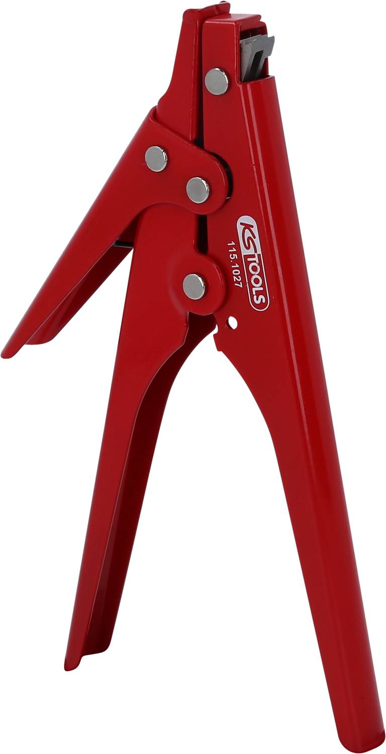 Rote Zange mit Hebelmechanismus, verwendet zum Klemmen oder Fixieren von Objekten.