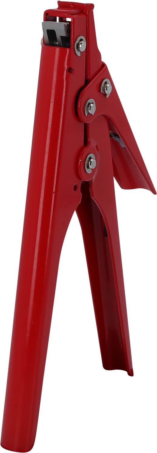 Rote Etikettenzange mit ergonomischem Griff zum Befestigen von Etiketten an Produkten.