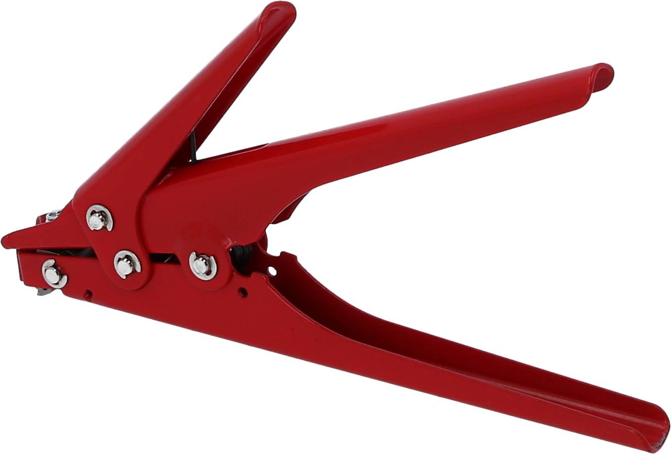 Eine rote Handpresse aus Metall, die üblicherweise zum Verschließen von Containerplomben verwendet wird.