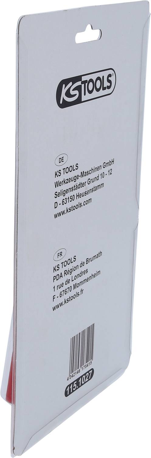 Rückseite einer Produktverpackung von KS TOOLS mit Kontaktdaten für Niederlassungen in Deutschland und Frankreich.