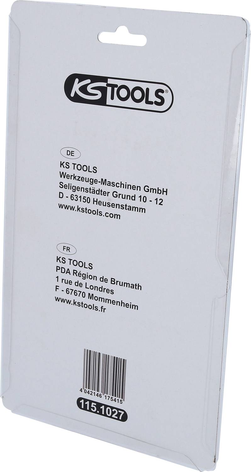 Rückseite einer Verpackung von KS TOOLS mit Firmendaten in Deutschland und Frankreich. Enthält Adressen und Webadressen der Standorte.