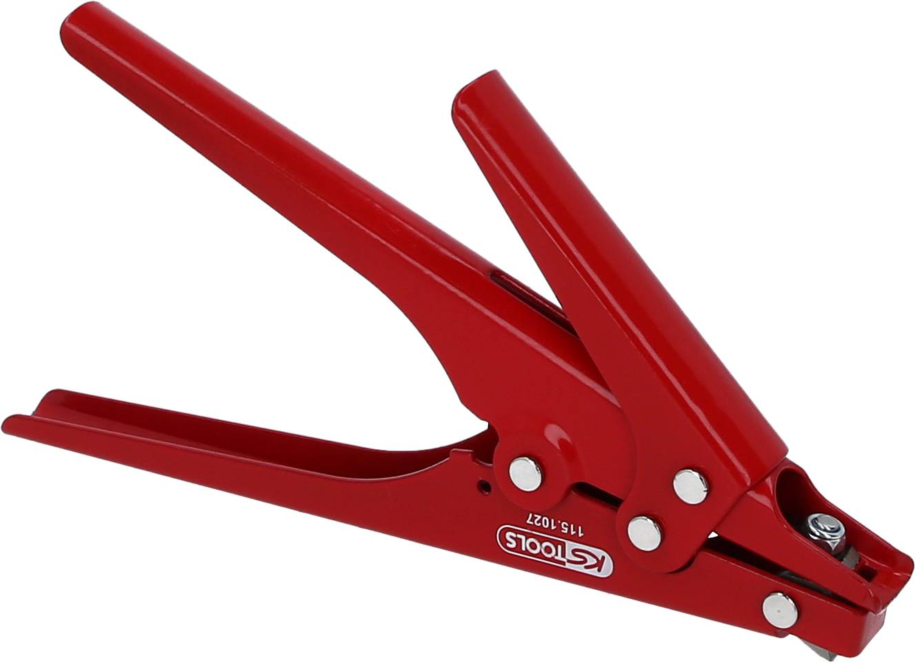 Rote Nietzange mit ergonomischen Griffen, markiert mit 'KSTOOLS'. Verwendet, um Nieten in Materialien zu setzen für Reparaturen.