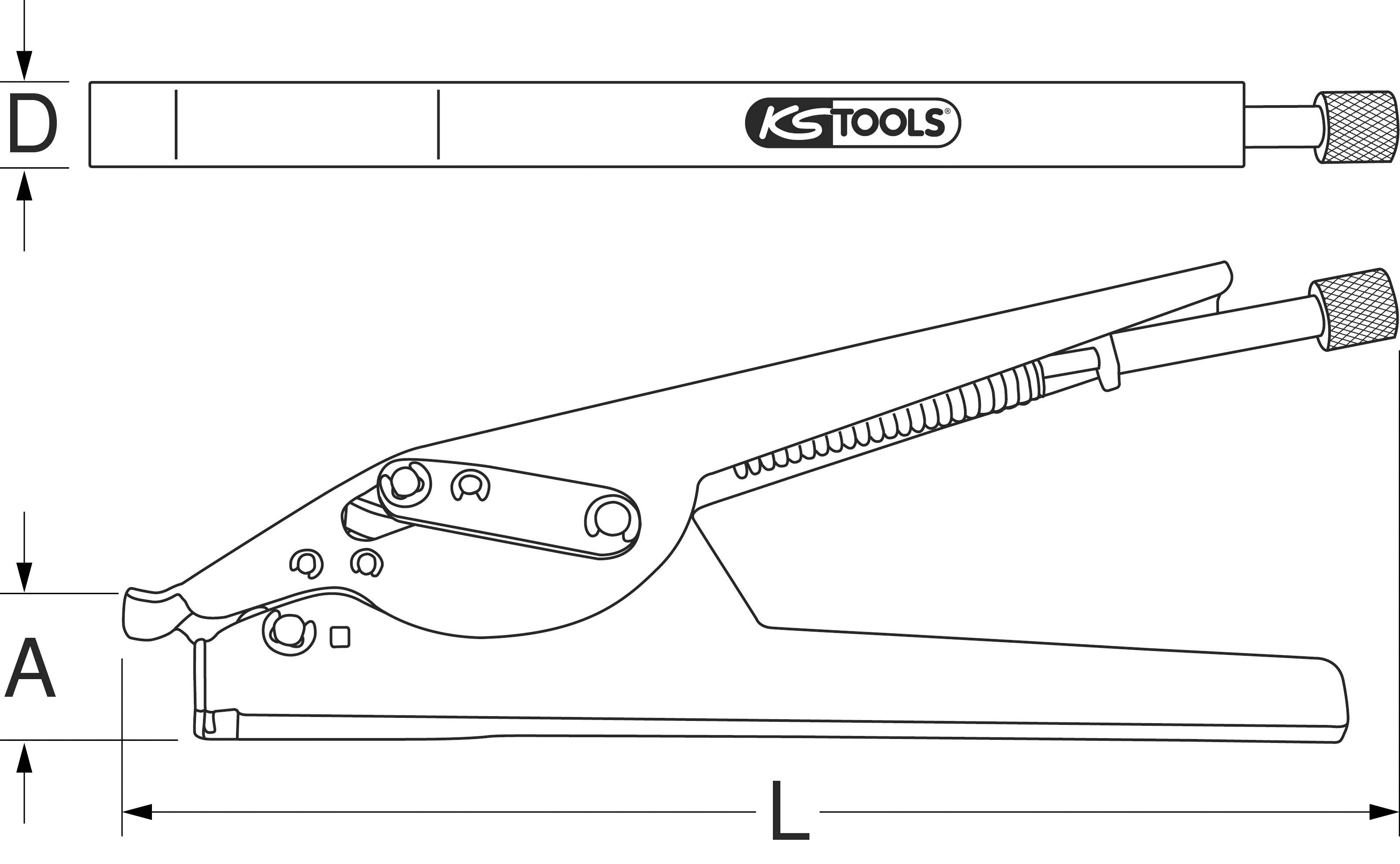 Technische Zeichnung einer Greifzange mit den Maßen L und A. Oben ist ein Maßstab D mit dem Logo 'KS TOOLS' zu sehen.