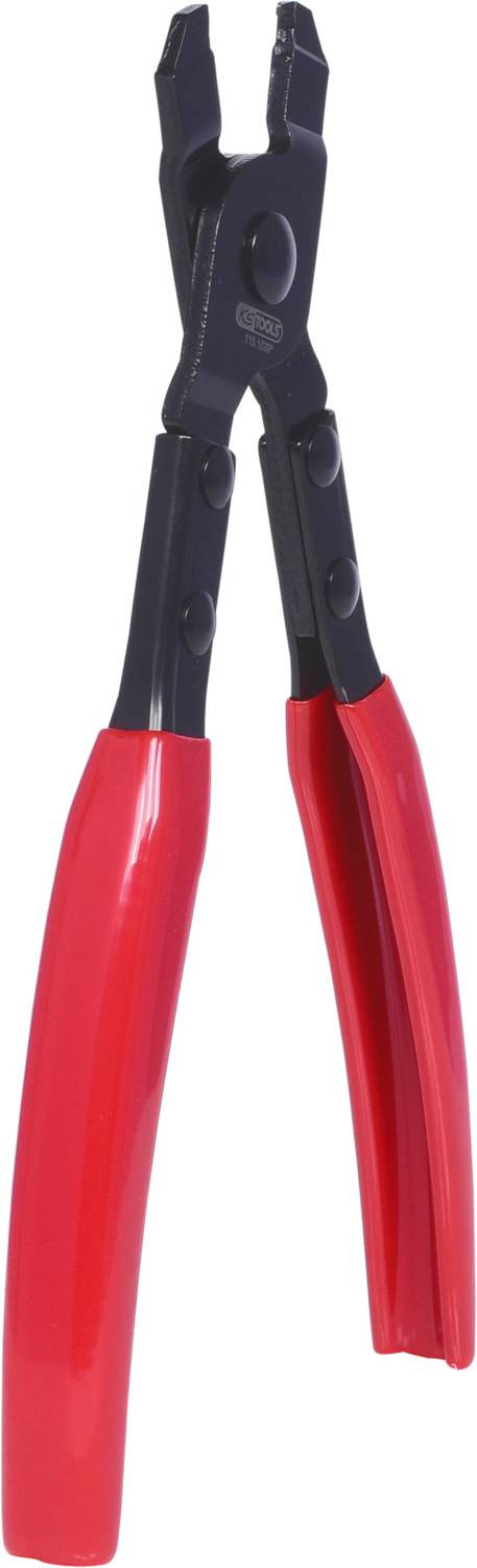 Rote Zange mit schwarzem Griff, verwendet für mechanische Arbeiten und präzises Greifen von Gegenständen.