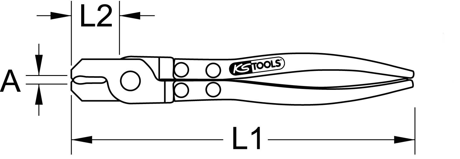 Technische Zeichnung einer Zange mit Markierung der Maße L1, L2 und A.