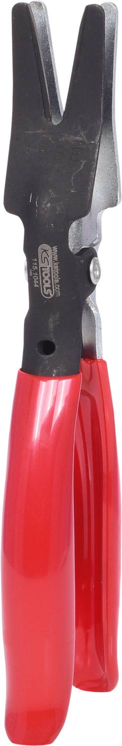 Rote Zange mit schwarzen Metallbacken, geeignet zum Austausch der vorderen Sicherungsbügel an Gitarren.<br><br>