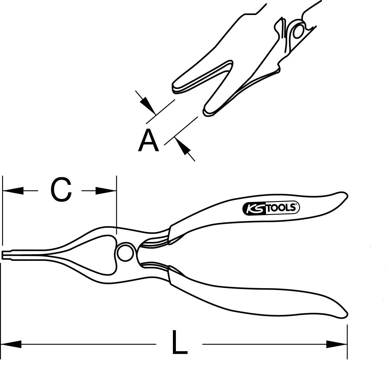 Illustration einer Seegeringzange von KS Tools. Maße: L = Gesamtlänge, C = Kopfbreite, A = Maulöffnung. Gezeigt mit Schelle.