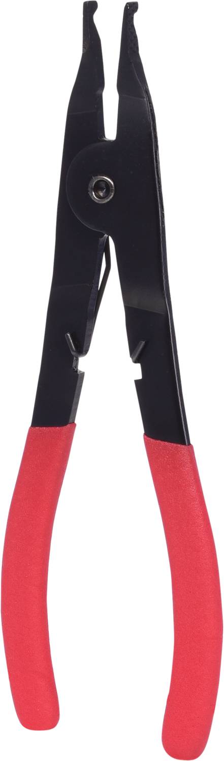 Zange mit roten Griffen, verwendet zur Befestigung oder Entfernung von Ringen oder Klemmen in Maschinen oder Kleingeräten.