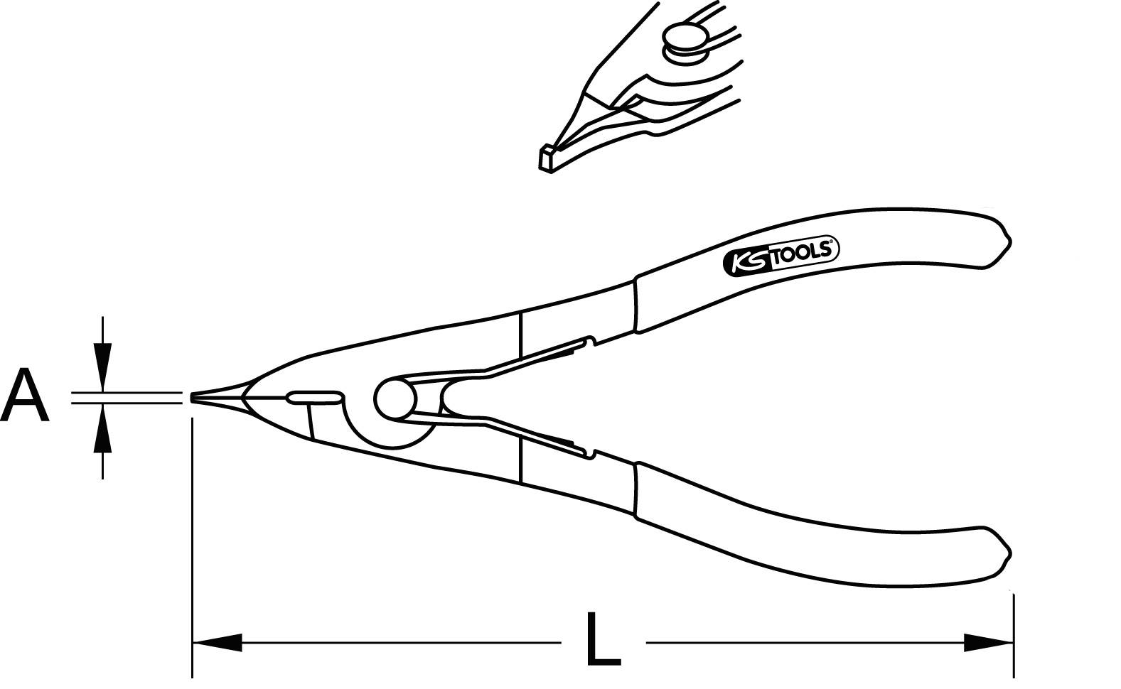Zeichnung einer Sprengringzange, markiert mit 'A' für die Backenöffnung und 'L' für die Länge. Werkzeug mit Logo der Marke.