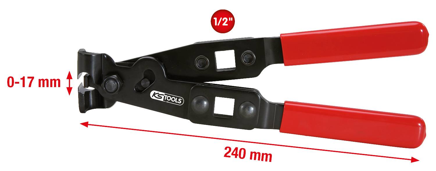 Eine rote und schwarze Quetschzange mit einer Skala von 0-17 mm und einer Länge von 240 mm. Oben ist '1/2