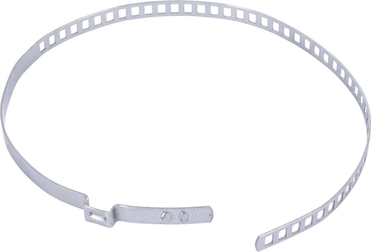 Ein Metallband mit quadratischen Löchern, das zu einem Kreis geformt ist, möglicherweise zur Befestigung oder als Spannband gedacht.