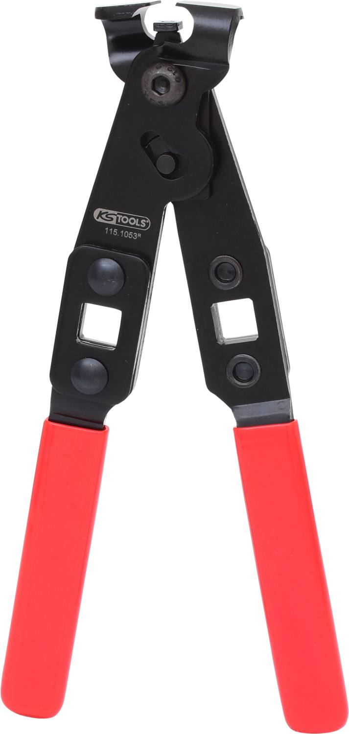 Schwarze Handzange mit roten Griffen, geeignet zum Greifen oder Schneiden von Materialien.