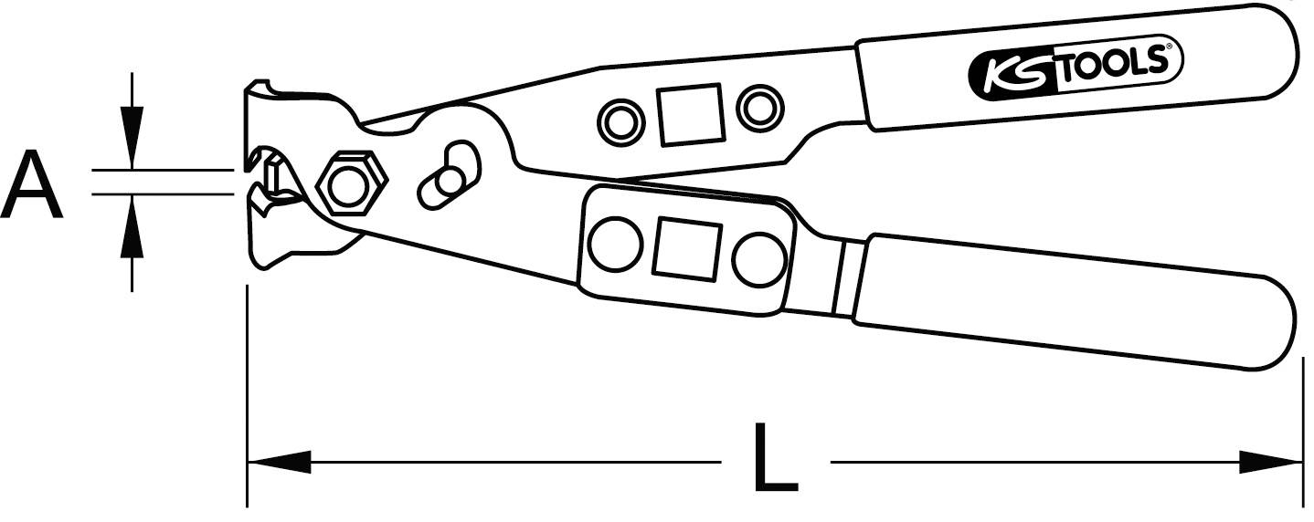Abbildung einer Zange mit der Aufschrift 'KS Tools'. Maße sind mit 'A' und 'L' markiert; für technische Zeichnungen relevant.