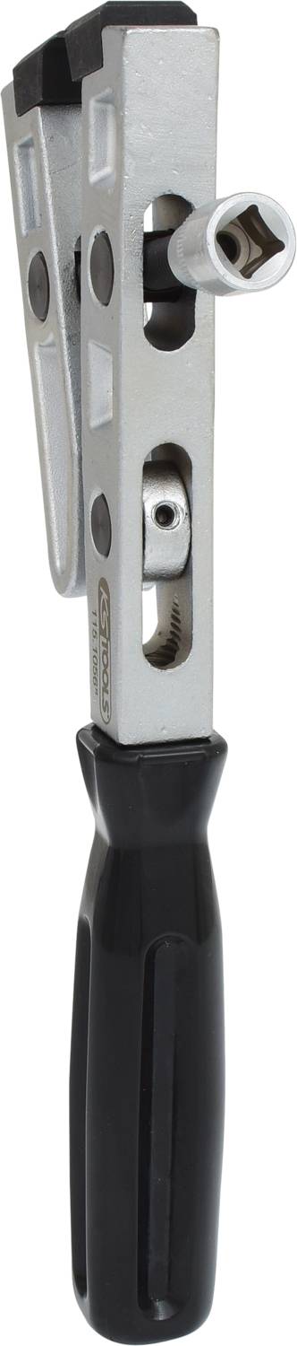 Handschraubenschlüssel mit schwarzem Griff, silbernem Kopf und drehbarem Gelenk zur flexiblen Schraubendrehung.